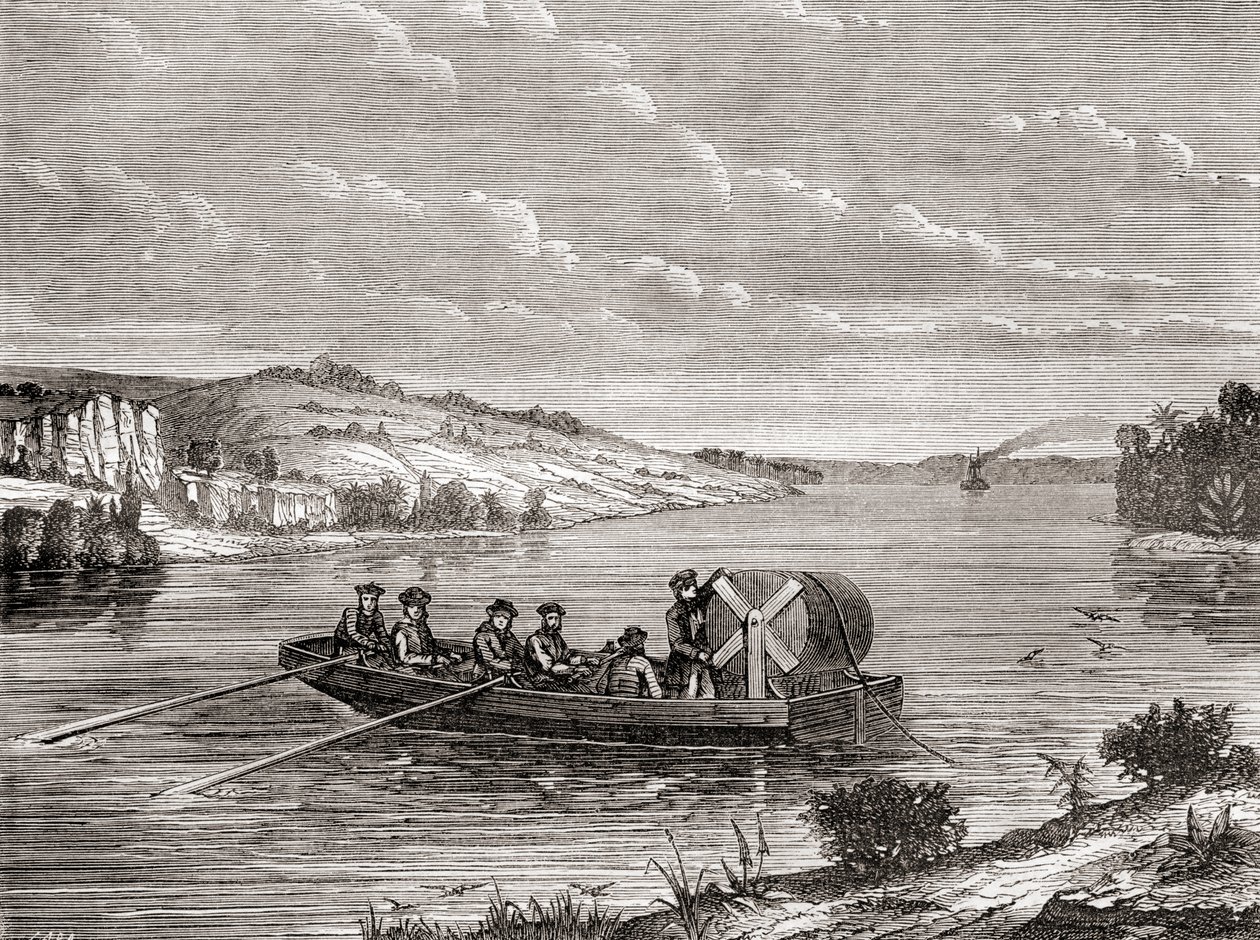 Položení telegrafního kabelu pod americkou řekou kolem roku 1860, z Les Merveilles de la Science, vydáno kolem roku 1870 (rytina) od French School