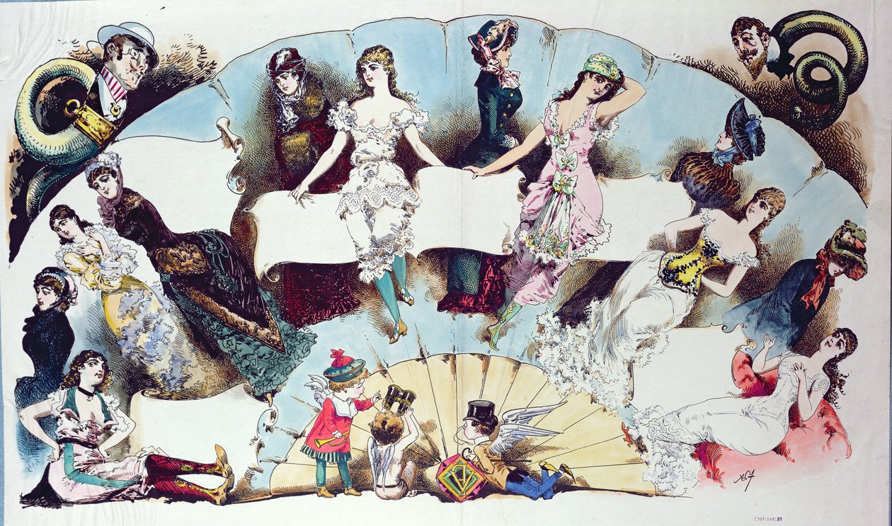 Ilustrace rozvržení pro článek o dámském spodním prádle z La Vie Parisienne, kolem roku 1870 od French School