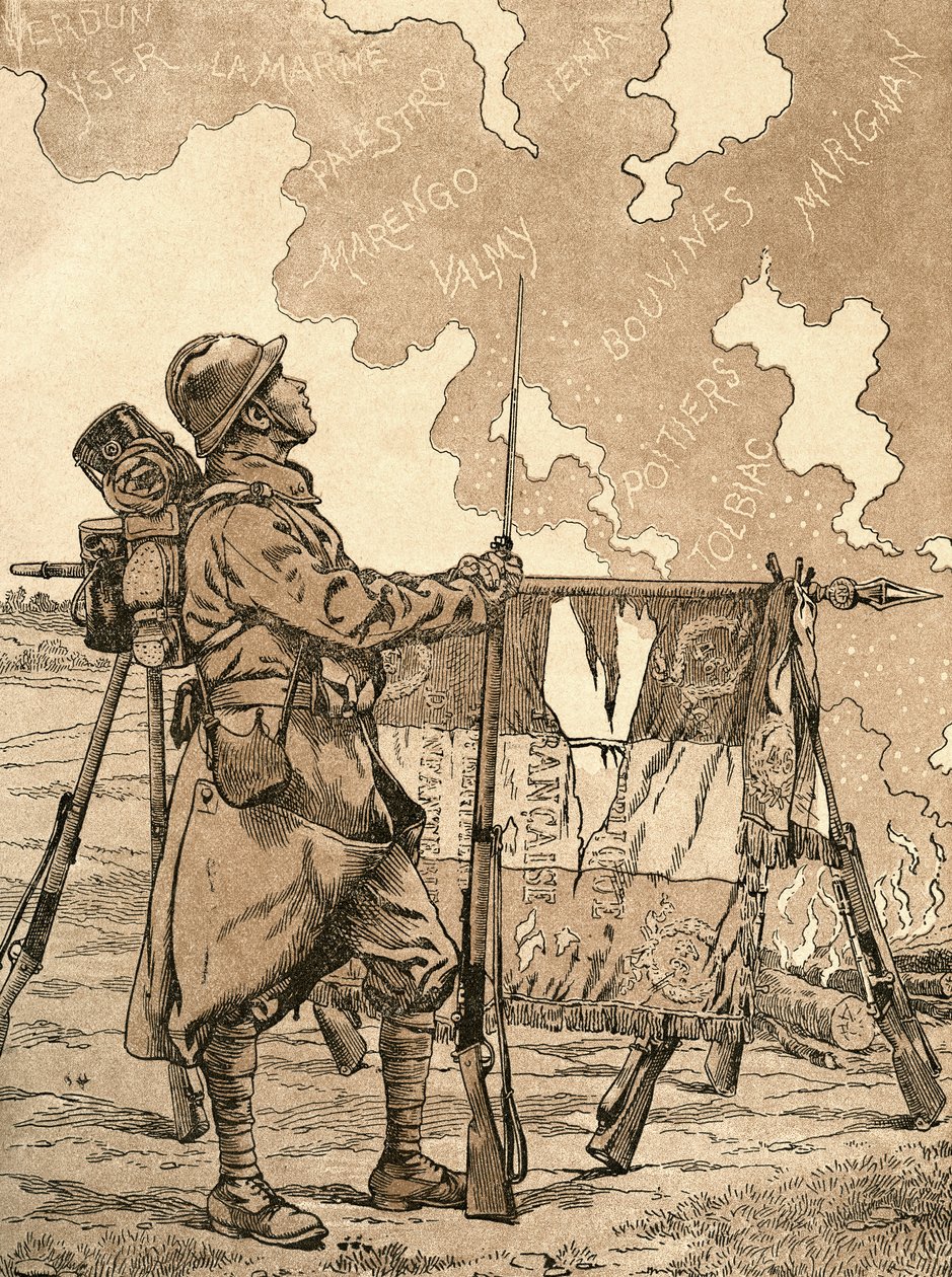Le Bleuet. Symbol paměti a solidarity ve Francii pro veterány a oběti první světové války. 1. světová válka ilustrace francouzské propagandy evokující francouzská vítězství v průběhu věků. Z Agenda Buvard du Bon Marche publikované v roce 1917. od French School