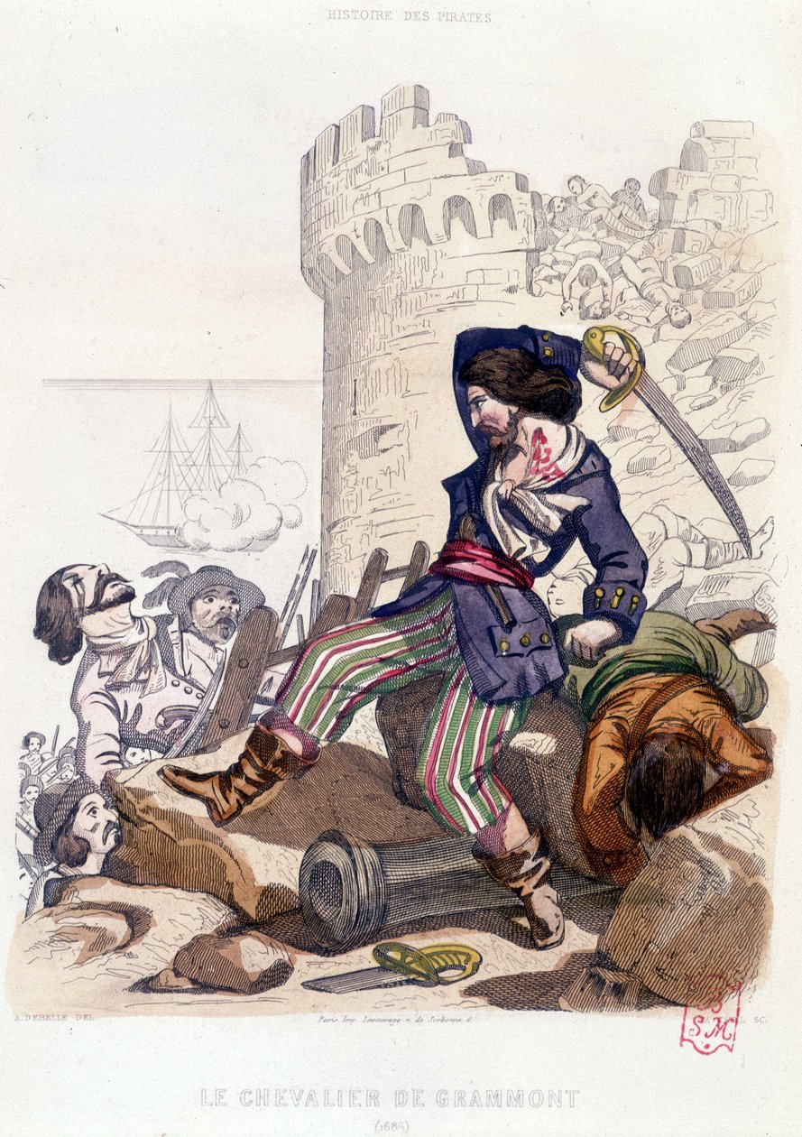 Le Chevalier de Grammont 1686 v „Historie pirátů a korzárů oceánu a Středozemního moře“ od P. Christiana, Paris, D. Cavaillés ed. Svazek 2 1847 od French School