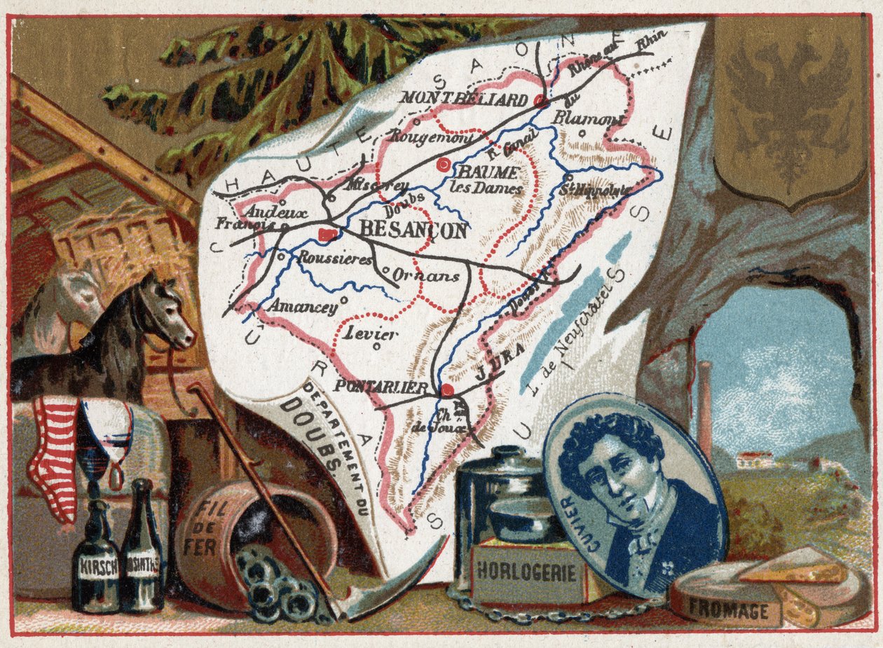 Le Doubs (25), Franche Comte (Franche-Comte), Francie. Portrét Georgese Cuviera (1764-1832), francouzského paleontologa. Místní specialita: kirsch, pelyněk, hodinářství, drátování a zemědělství. Seriál o francouzských departementech. Chromolitografie (Chro od French School
