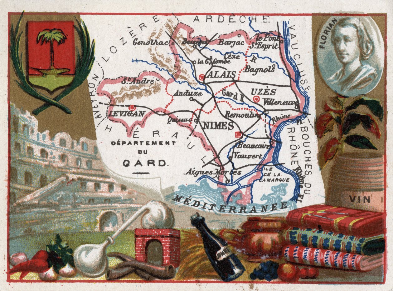 Le Gard (30), Languedoc-Roussillon (Languedoc Roussillon), Francie - Místní specialita: eau de vie (destilační přístroj) a víno - Portrét Jean-Pierre-Claris (Jean Pierre Claris) de Florian (1755-1794) - Serie na francouzských departementech - Chromoli od French School
