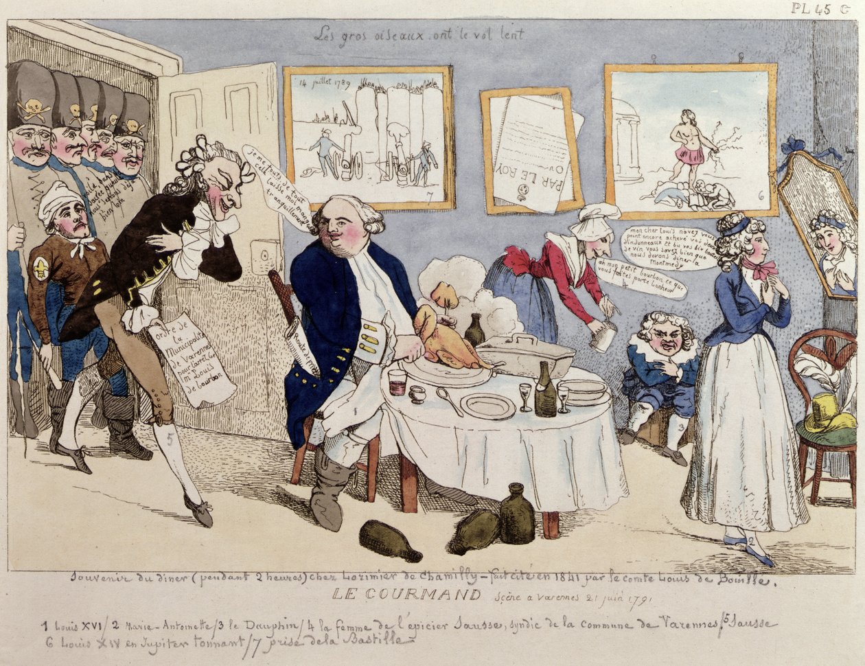 Le Gourmand, karikatura Ludvíka XVI. (1754-93) a francouzské královské rodiny v okamžiku jejich zatčení ve Varennes dne 21. června 1791 od French School