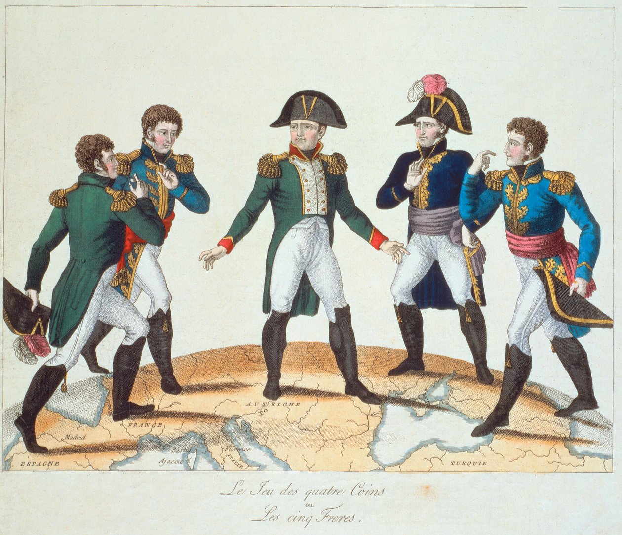 Le Jeu des Quatre Coins nebo Les Cinq Freres, karikatura Bonapartist zobrazující Napoleona a jeho bratry, 1808 od French School