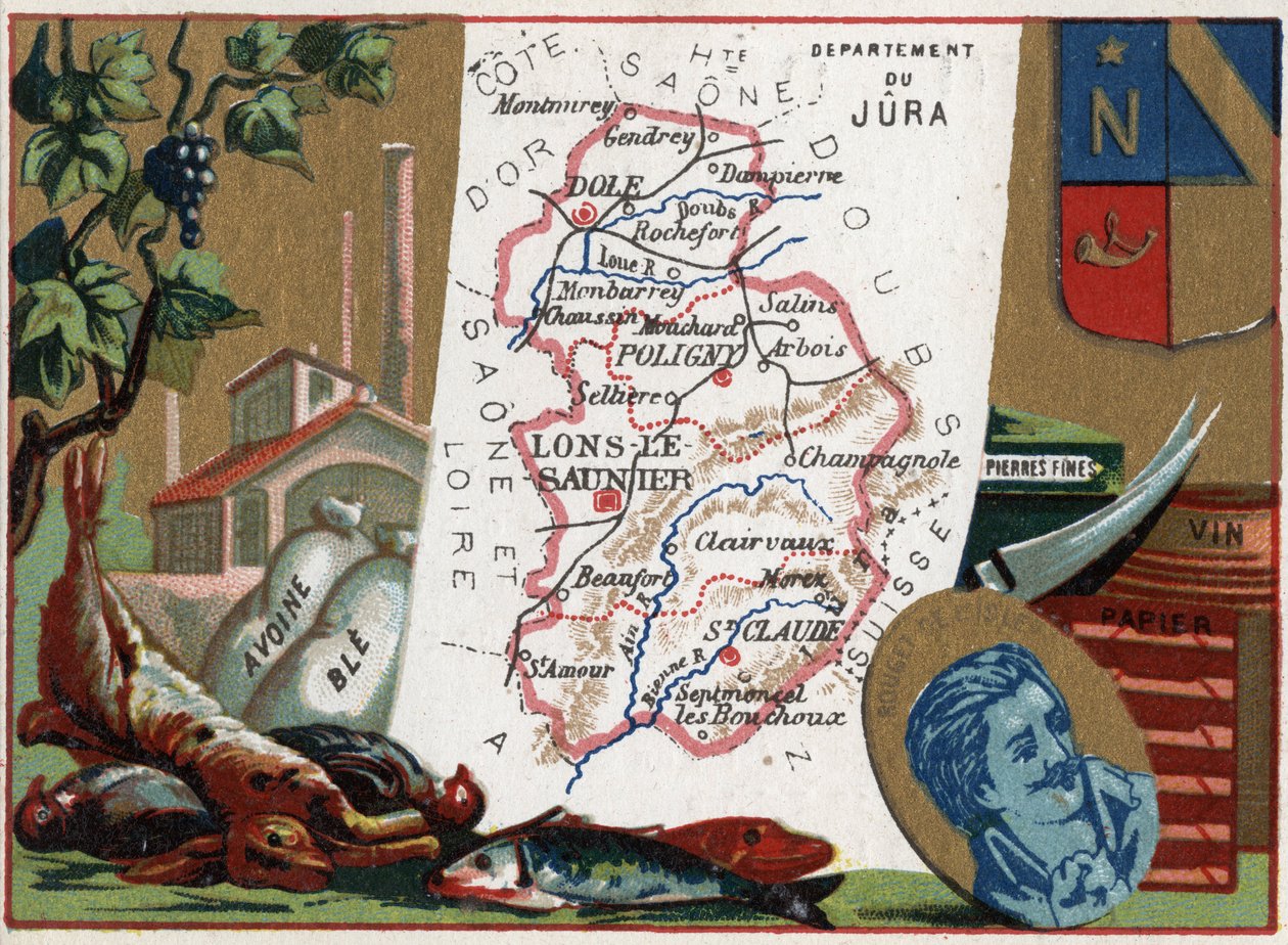 Le Jura (39), Franche Comte (Franche-Comte), Francie. Místní specialita: lov, oves, pšenice, jemné kameny, víno a papír. Portrét Rougeta de L