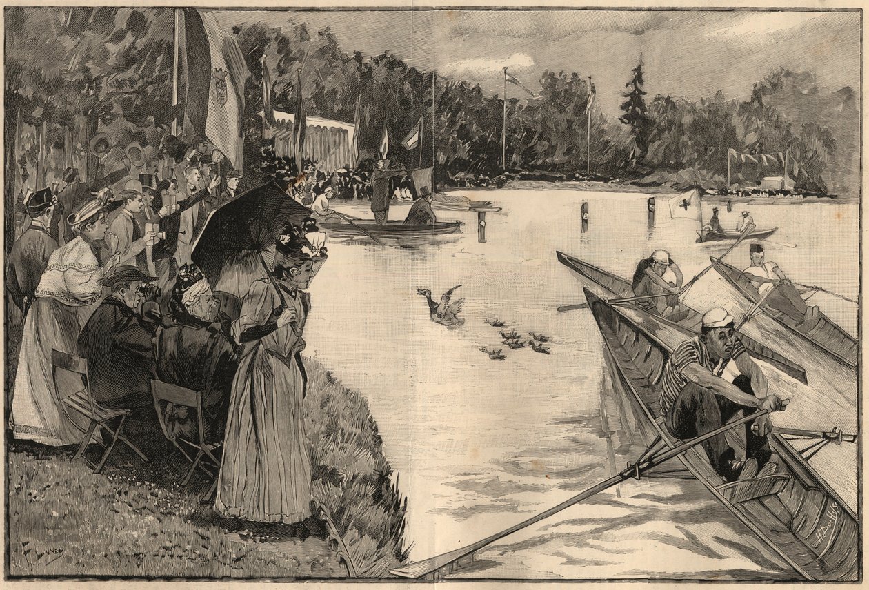 Le Lendit de Paris: školní regata na Grand Lac du bois de Boulogne - rytina z roku 1894 podle kresby pana Lunela od French School