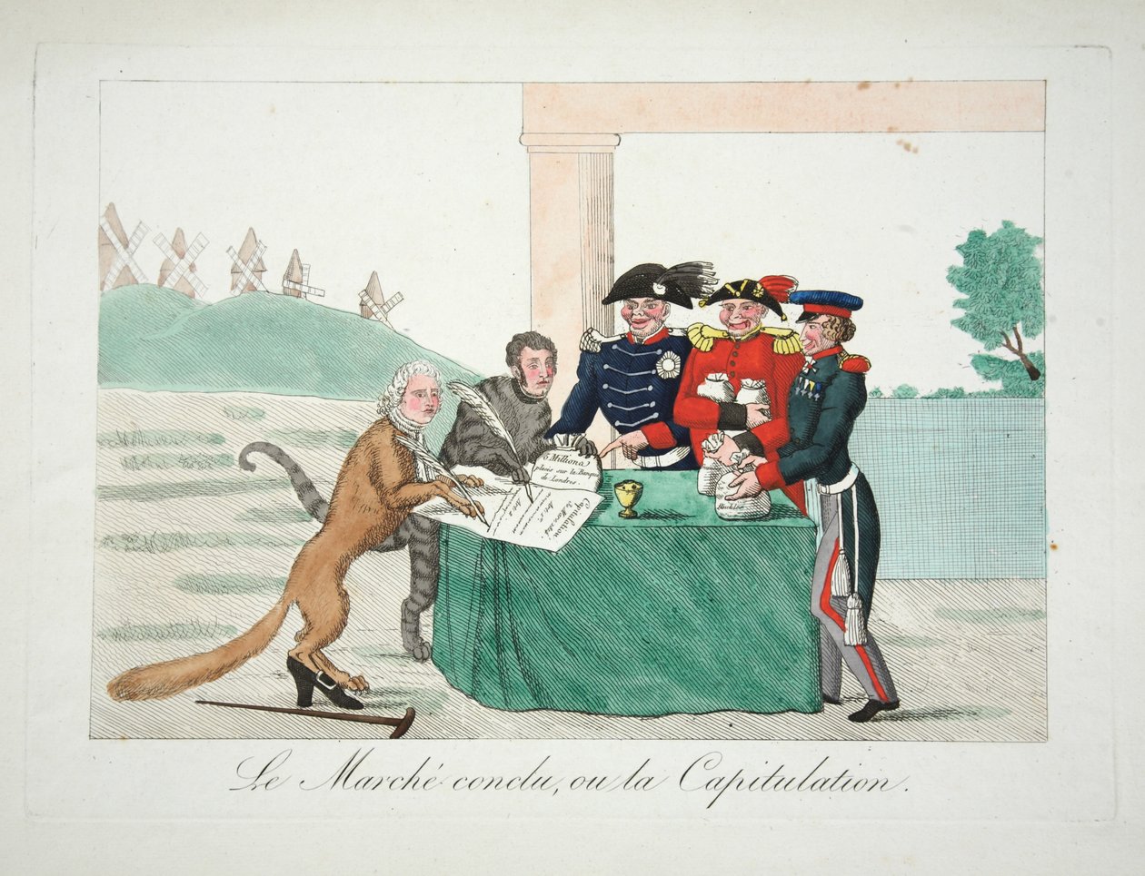 Le Marche uzavřena neboli kapitulace, hospoda. 1814 (ručně kolorovaná rytina) od French School