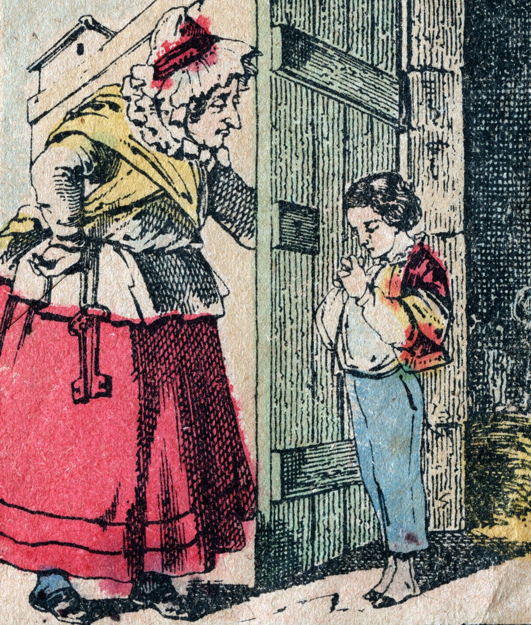 Le Pere Fouettard, francouzská postava pro bičujícího otce, legendární lidová postava trestající zlobivé děti: jeho žena, La Mere Fouettard, bičovací matka, která porodí kajícné děti - Epinal obrázek od French School