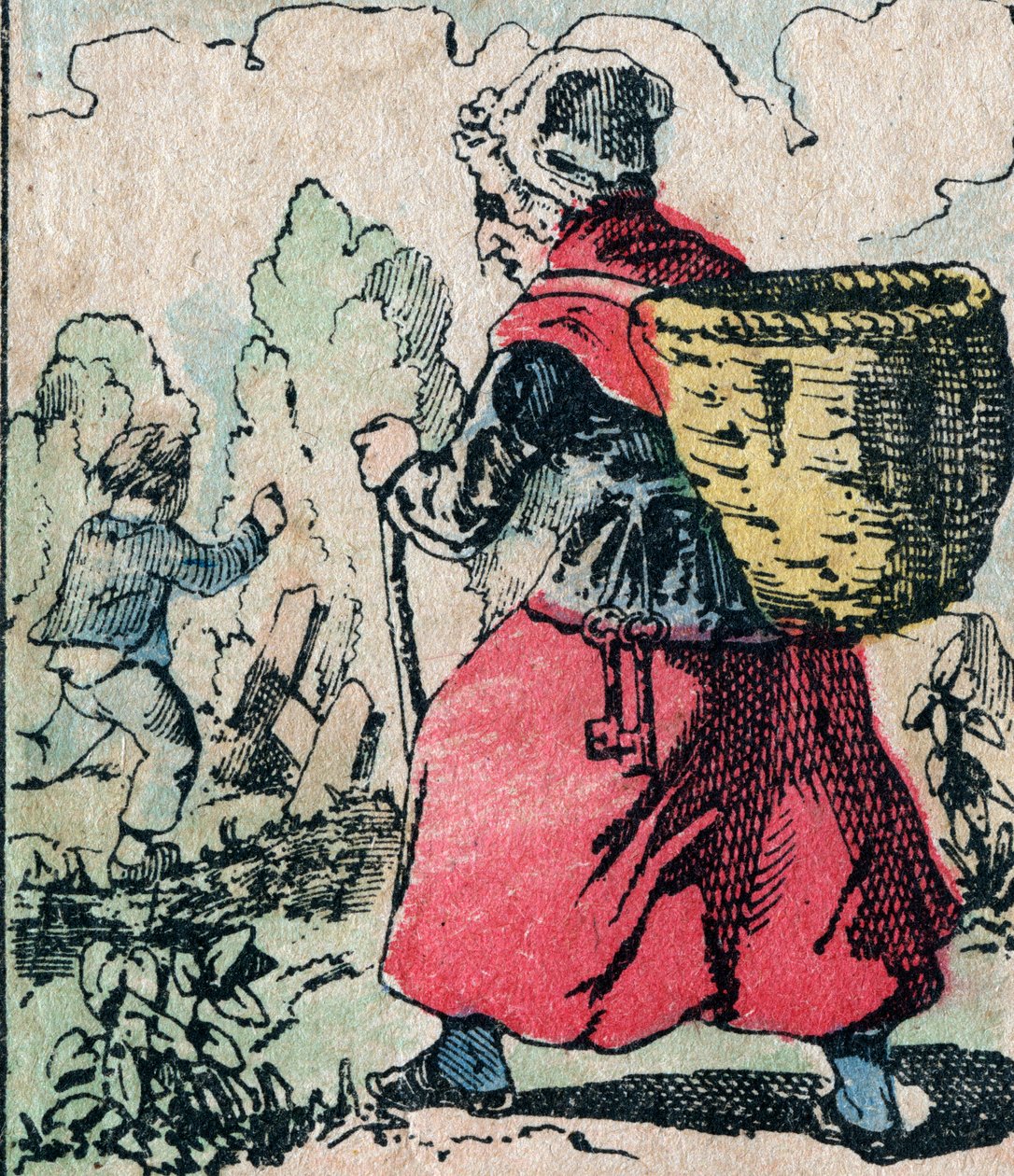 Le Pere Fouettard, francouzská postava pro bičujícího otce, legendární lidová postava trestající zlobivé děti: jeho žena, La Mere Fouettard, bičující matka, která pronásleduje děti a nechodí do školy - Epinal obrázek od French School