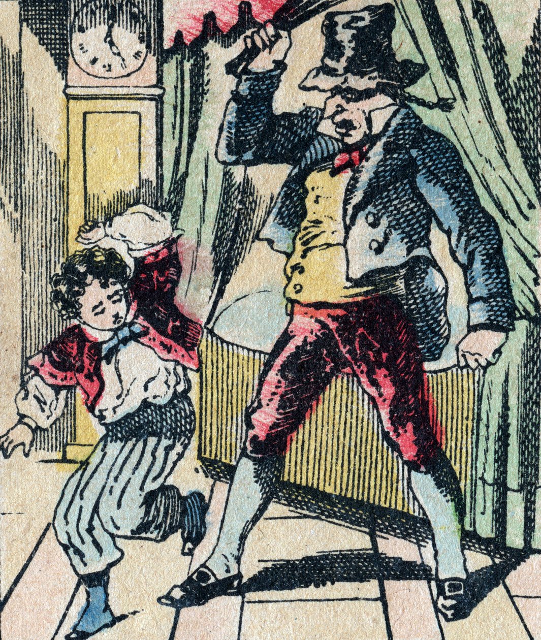 Legendární postava Le Pere Fouettard z folklóru, trestající nemoudré děti svým bičem a zavírání neposlušných dětí, obraz Epinal od French School