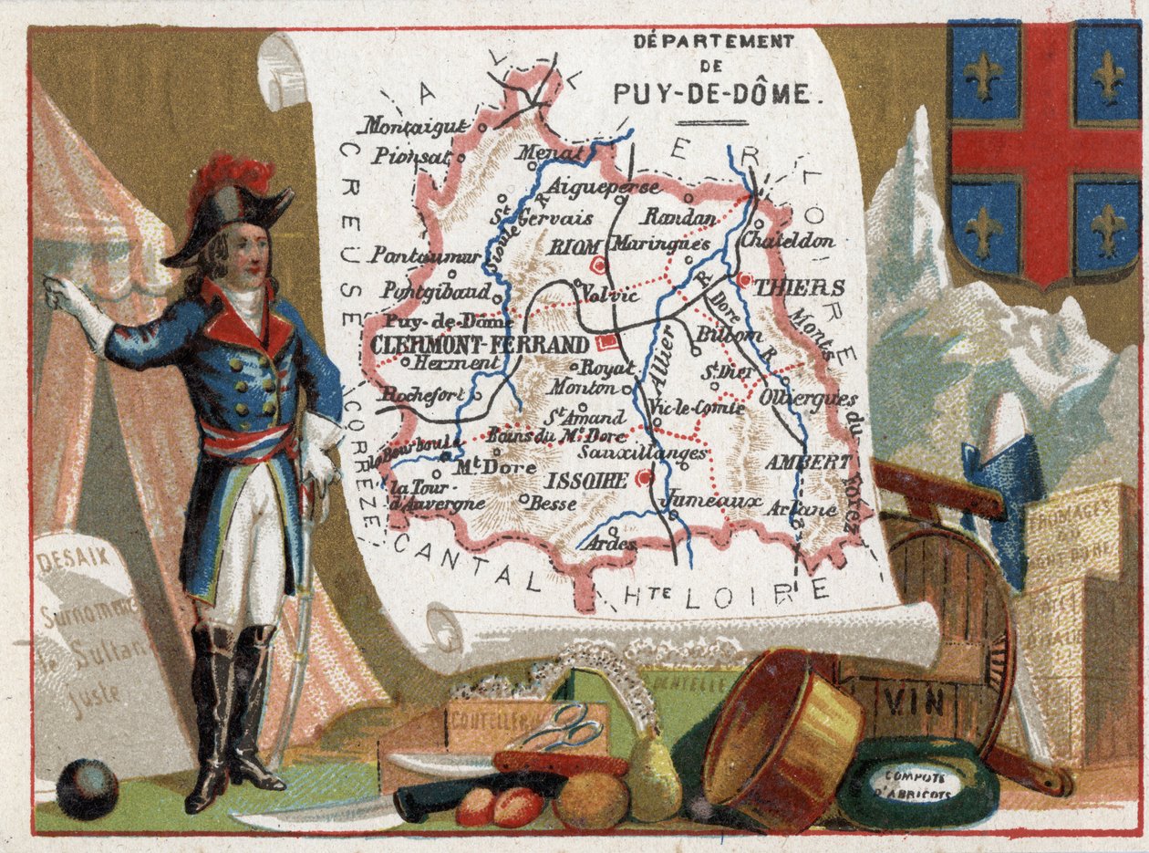 Le Puy Du Dome (Puy-Du-Dome, 63), Auvergne, Francie. Portrét Louis Charles Antoine Desaix (1768-1800), příbory, víno, meruňkový kompot. Seriál o francouzských departementech. Chromolitografie (Chromo) „“geografické vlákno“, kolem roku 1920. Soukromá sbírka od French School