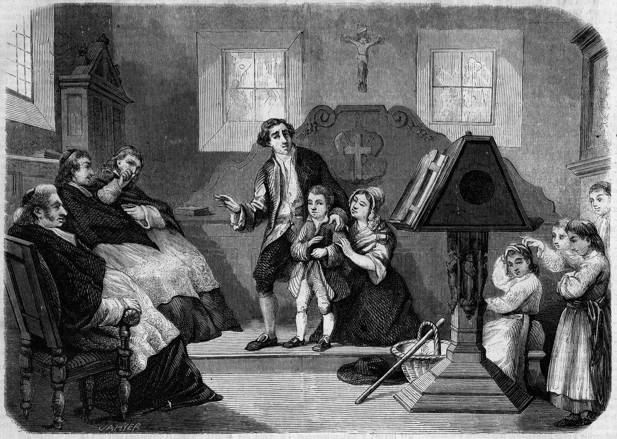 Le Salon de 1857 - První debut Lesueura, skladatele hudby, od Laurenta Detouche. Jean Francois Lesueur (1760-1837), eso ve sboru. Rytina v „“ Le Monde Illustré““ č. 22 z 12. září 1857. od French School