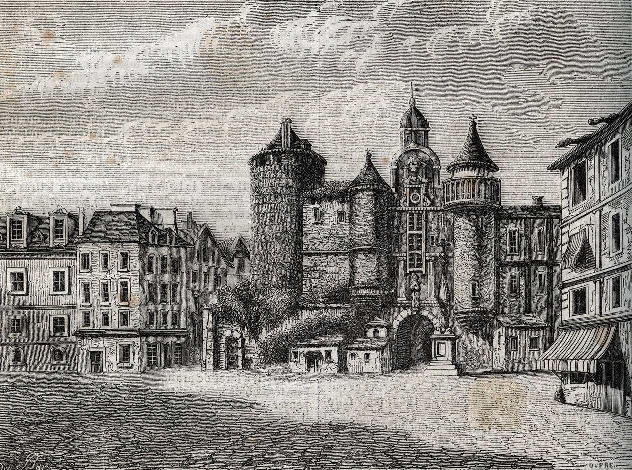 Le Vieux Paris – le Grand Chatelet – rytina do „“fyzických, občanských a morálních dějin Paříže: od nejstarších historických dob až po současnost“ od Jacquese Antoine Dulaure od French School