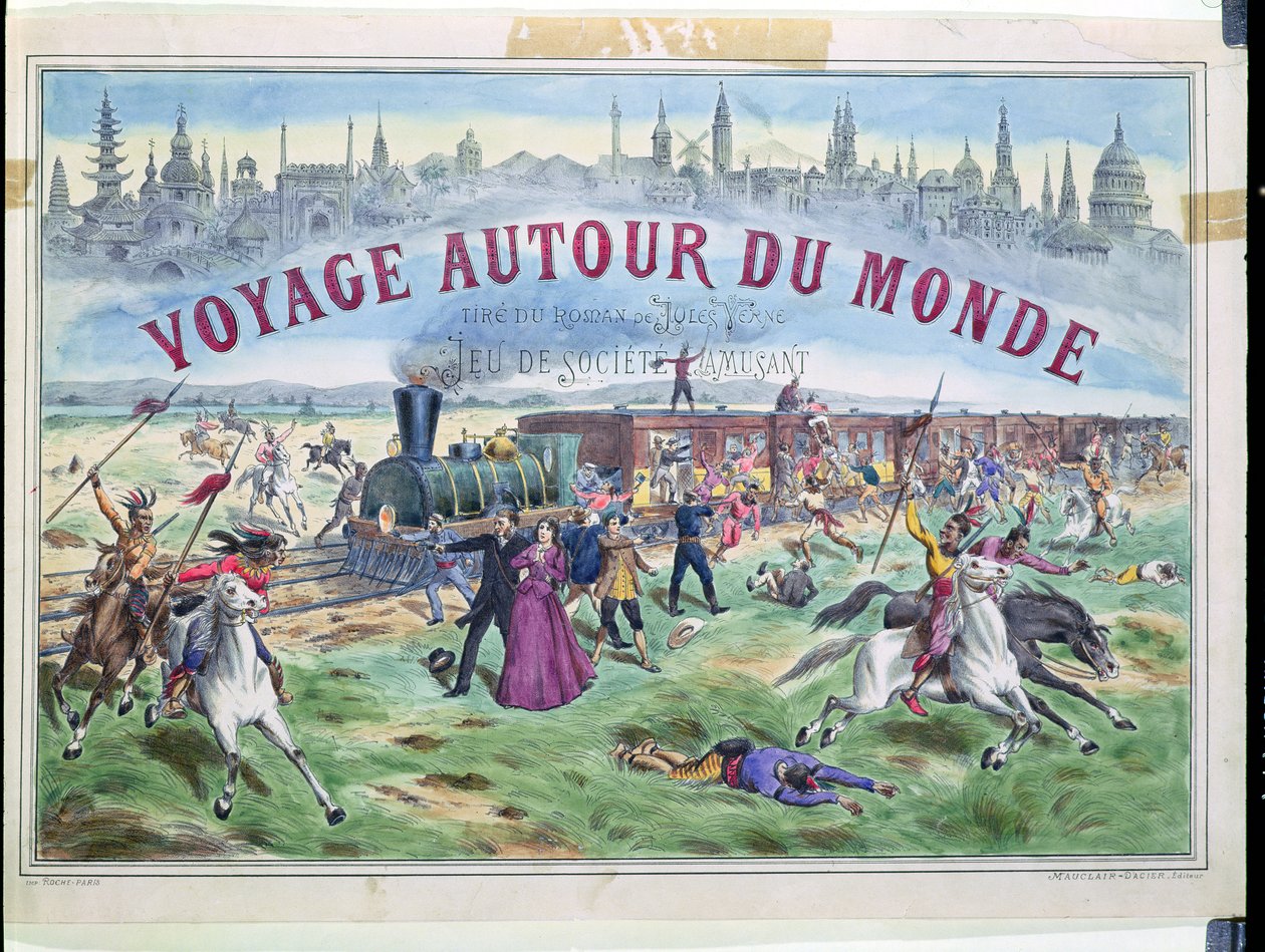 Le Voyage Autour du Monde, obal krabice pro hru založenou na knize Cesta kolem světa za 80 dní od Julese Verna (1828-1905) od French School