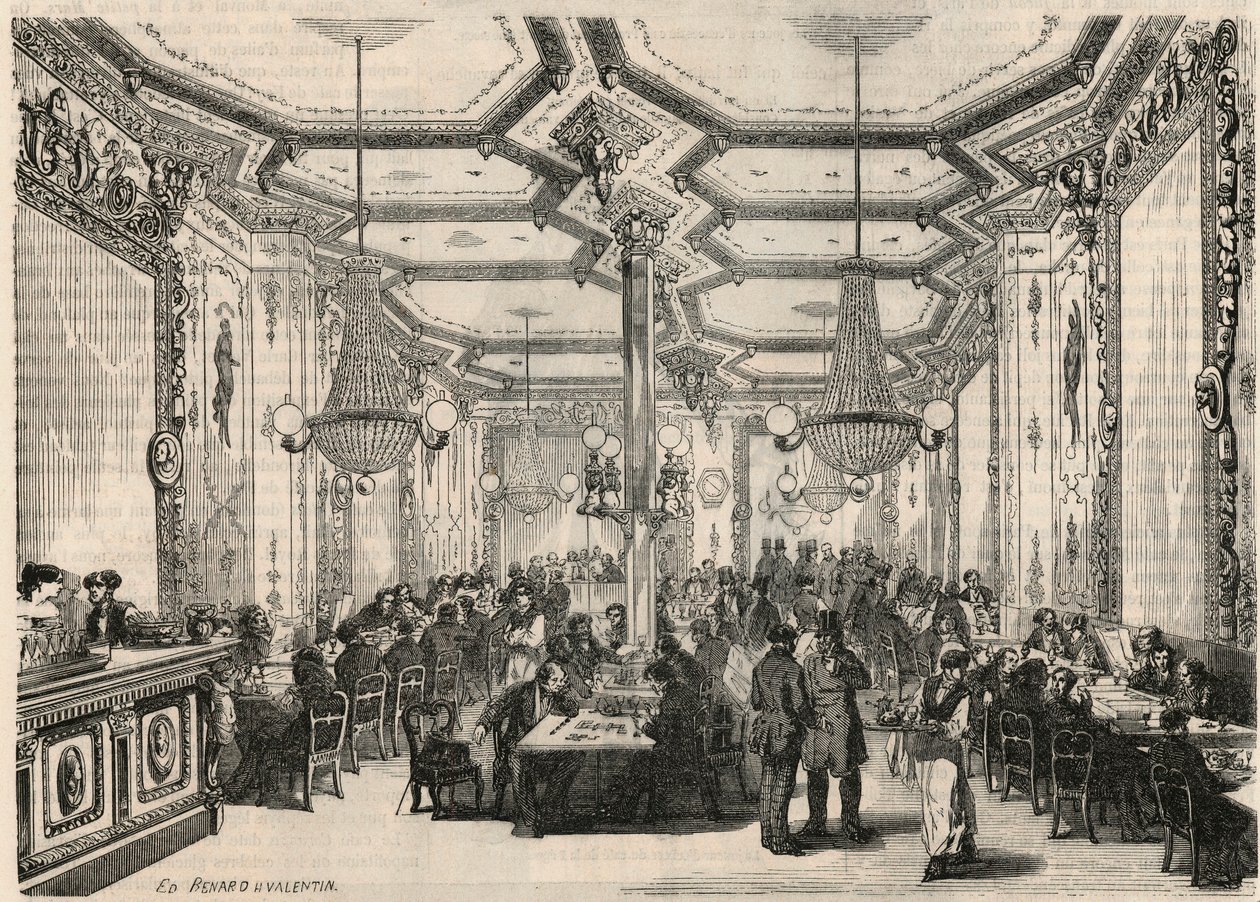 Kavárna Pierron v Paříži v 19. století – rytina v „Tableau-de-Paris“ od Edmonda Texiera 1852 od French School