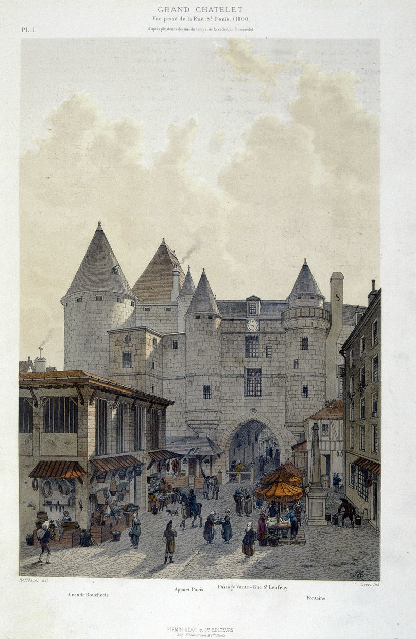 Le grand Chatelet u rue St Denis v roce 1800 - v „Paříži v průběhu věků: chrám a rue Royale“, konec 19. století od French School