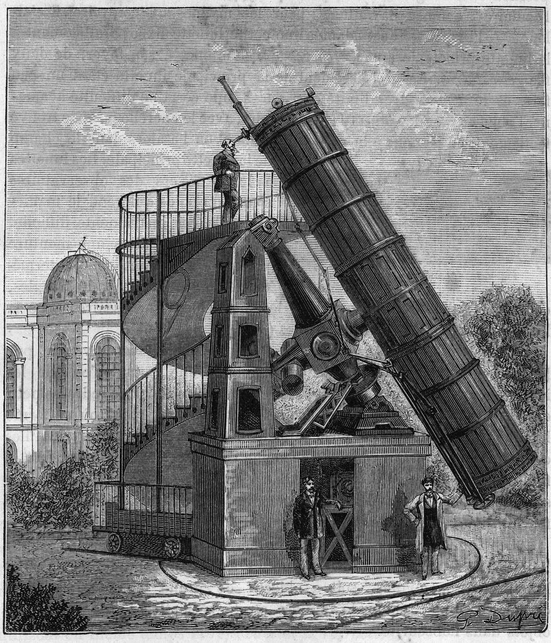 Velký dalekohled pařížské observatoře v 19. století – rytina „“ Sciences à la potee de tous – fyzika et chimie populaires““ od Alexise Clerca – konec 19. století. Soukromá sbírka. od French School