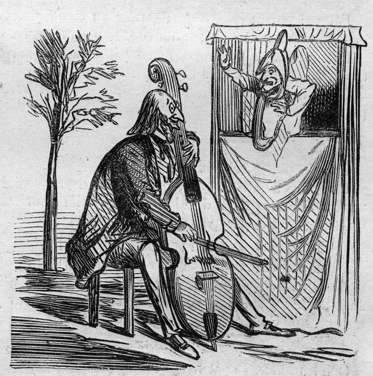 Maestro Offenbach monopolizuje svou hudbou všechna pařížská divadla. Německý naturalizovaný francouzský skladatel Jacques Offenbach (1819-1880) hrající na violoncello. Cham karikatura. Rytina v ""Le Monde Illustre"" č. 499 z 3. listopadu 1866. od French School