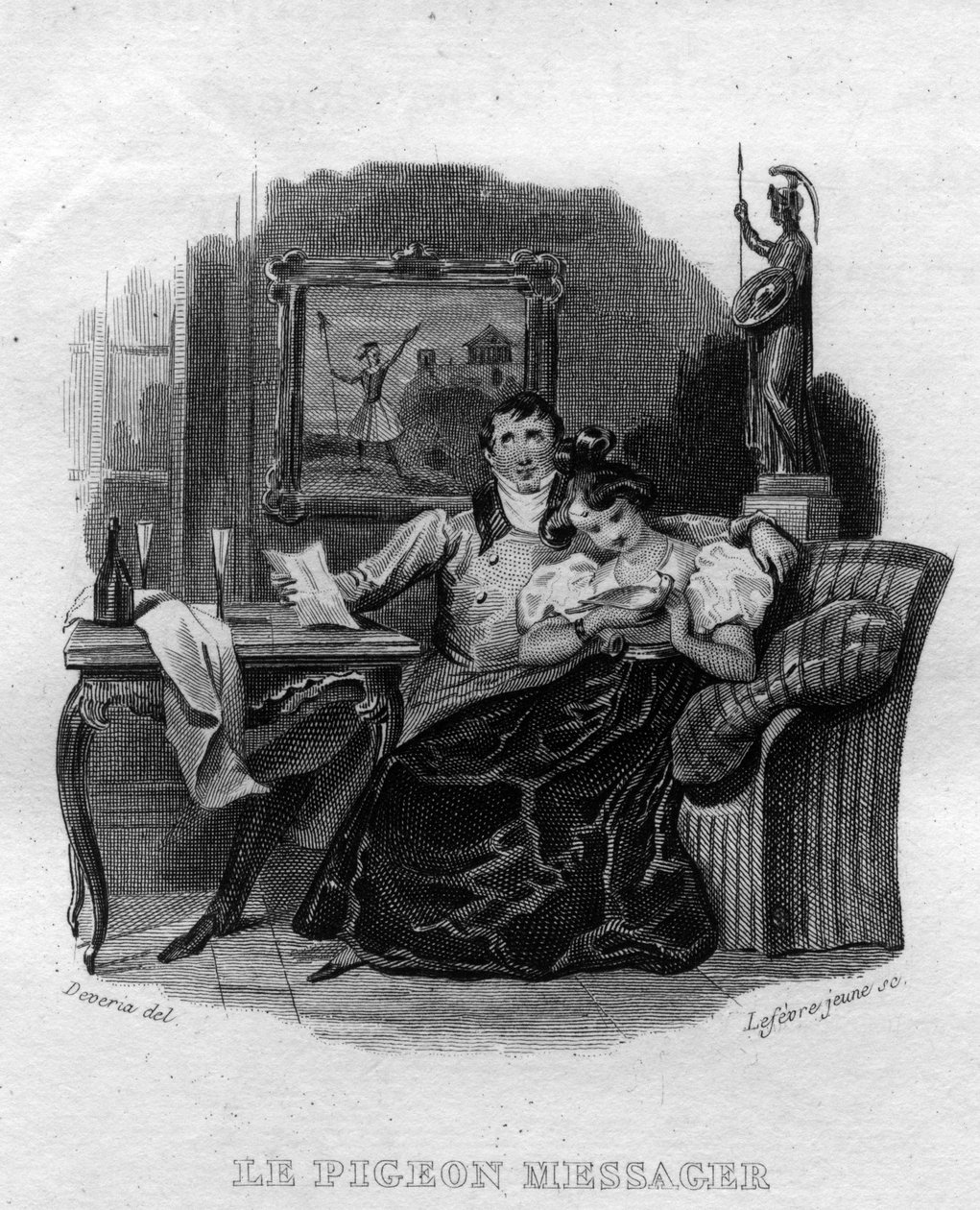 Poslíčkový holub Chanson de Beranger v „“Oeuvres Completes““ (1834) od Pierra Jeana de Berangera (1780-1857), francouzského básníka a skladatele. od French School