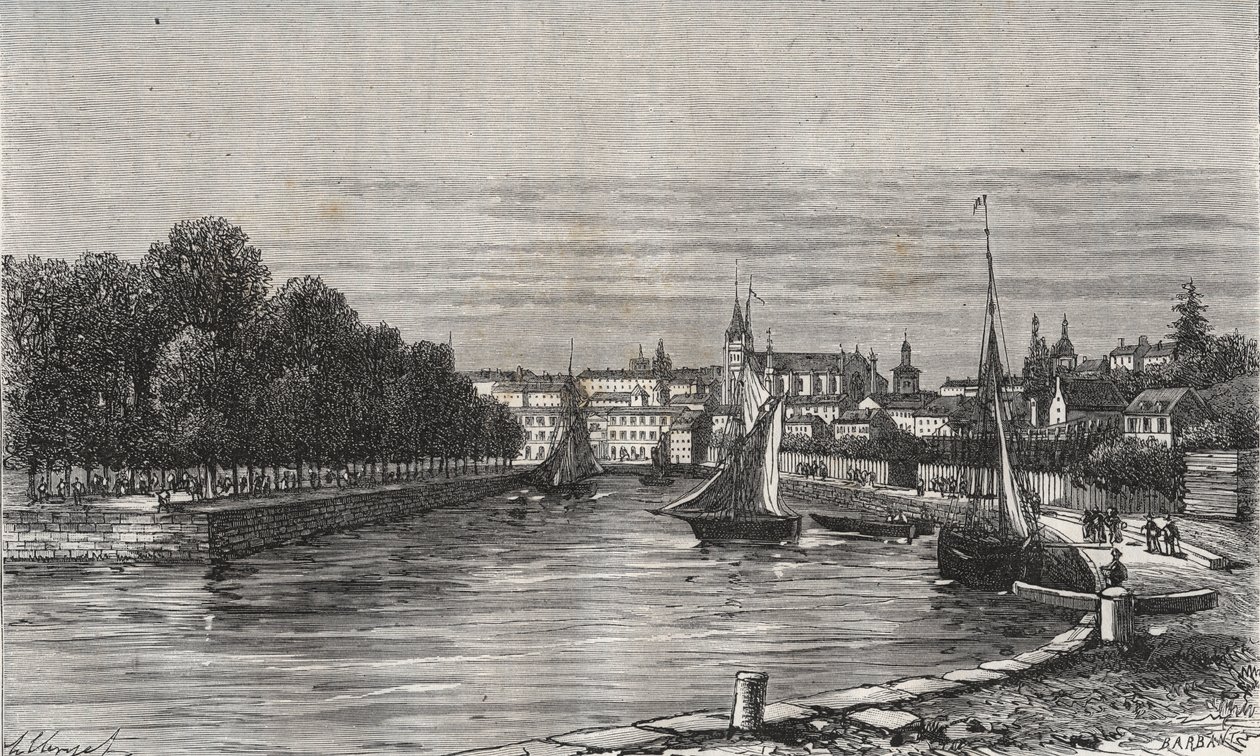 Le port de Vannes (Morbihan, Francie)// Přístav Vannes (Morbihan, Francie) - rytina v „La France illustrée: geographie, histoire, administrationstatistique“ od V.-A. Sladově hnědá. 1884 od French School