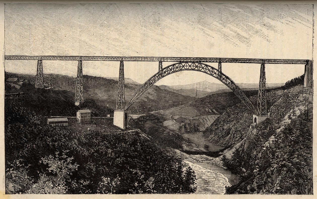 Viadukt Garabit - Cantal - Auvergne-Rhone-Alpes - rytina „“ PATRIE“ - PACUREQUIREQUE POPIS FRANCIE V 6 SVAZTECH LUCIEN HUARD - konec 19. století od French School