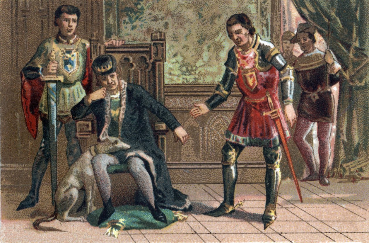Liga veřejného dobra: Král Ludvík XI. se v Peronne, vévoda z Burgundska, setkává s Karlem Temerairem. Chromolitografie kolem roku 1890. od French School