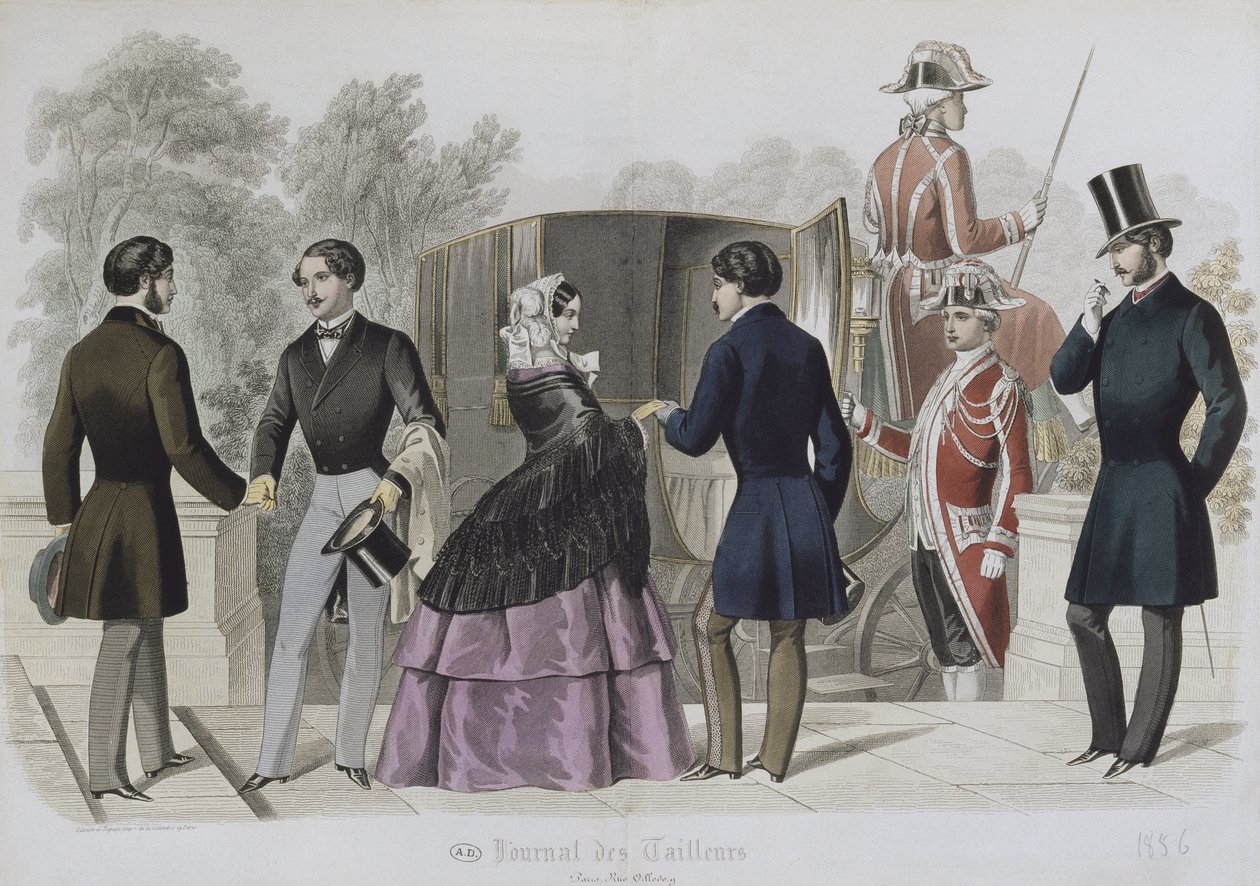 Odjezd na projížďku v kabině, ilustrace z Le Journal des Tailleurs, 1856 (barevná rytina) od French School