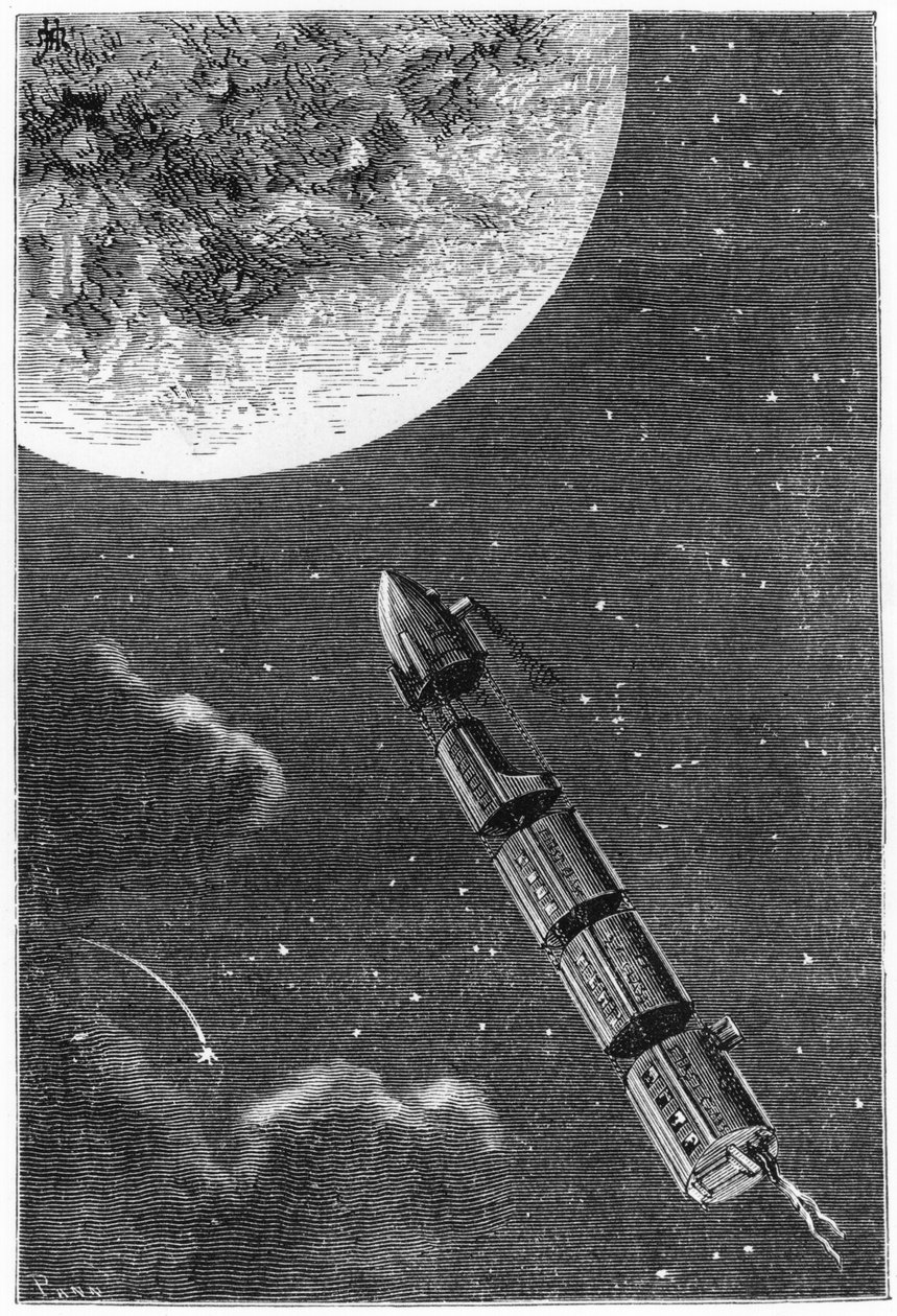 Leaving for the Moon, ilustrace ze Země na Měsíc od Julese Verna (1828-1905) Paris, Hetzel, vydáno v roce 1865 od French School