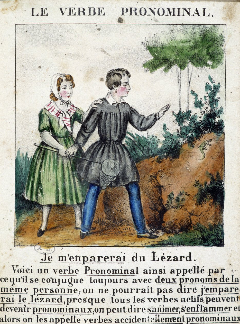 Lekce o zájmenných slovesech. V „La grammaire en images““, letákové album, kolem roku 1850. od French School