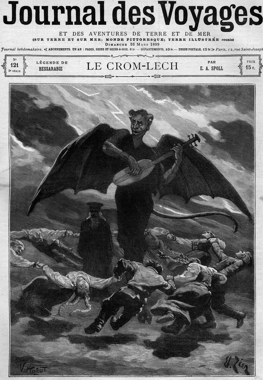 Legenda o Besarábii (východní Evropa): Crom Lech (Crom-Lech). Satan, hrající na balalajku, trénuje tanečníky do nekonečného kola. Rytina v “” Journal des Voyages”” z 26. března 1899. od French School