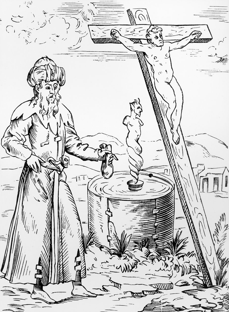 Legenda o Židovi volajícím ďábla z krvavé nádoby podle dřevorytu v Histoires Prodigieux od Pierra Boaistuaua, vydaném v roce 1560 od French School