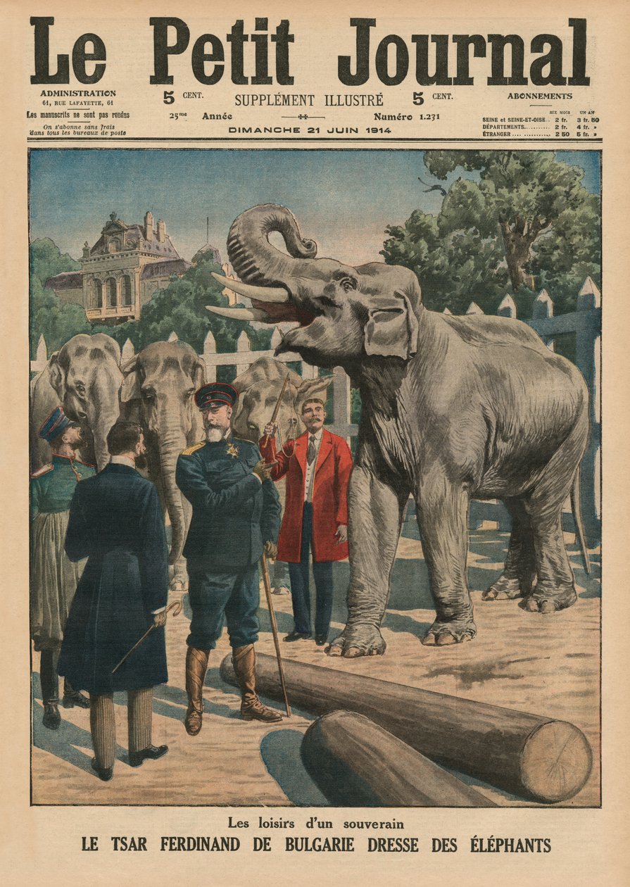 Volný čas panovníka, cara Ferdinanda I. Bulharského, který krotí slony, ilustrace přední obálky z 
