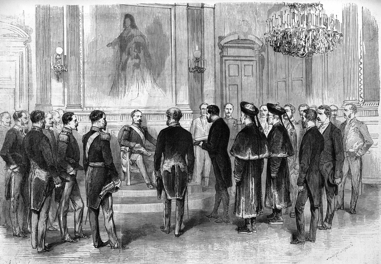 Císař Napoleon III (1808-1873) přijímá čínské velvyslance a jejich tlumočníky v Salon des Tuileries v Paříži od French School