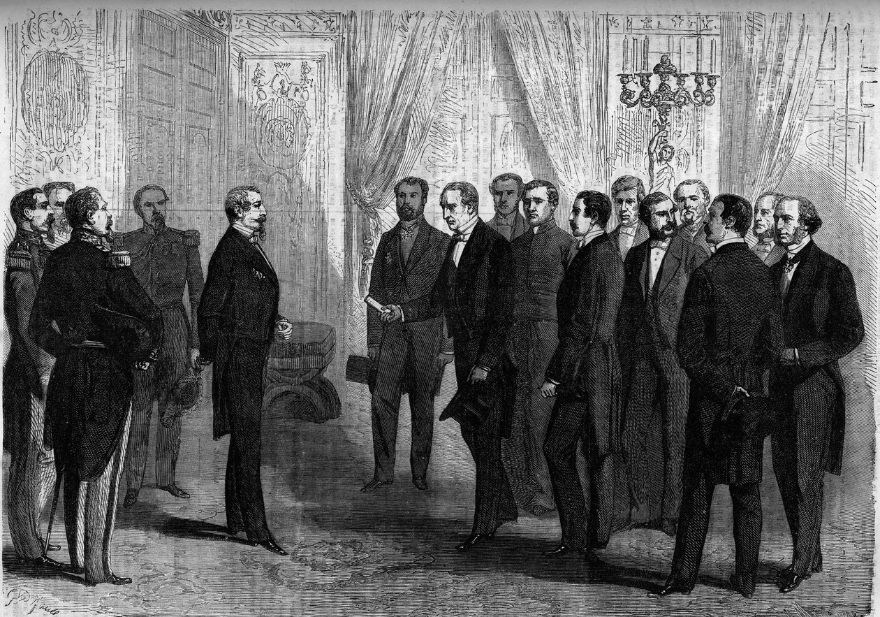 Císař Napoleon III přijímá v Tuileries mexickou delegaci odpovědnou za nabídku mexické koruny princi Maxmiliánovi (Maximilián 1. Mexika). Paříž od French School