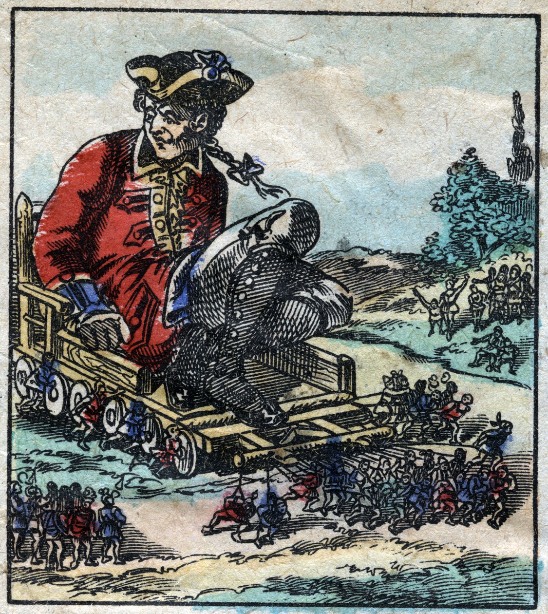 Lemuel Gulliver, vězeň je přepravován na vozíku taženém liliputány. Ilustrace pro „“ Gulliver