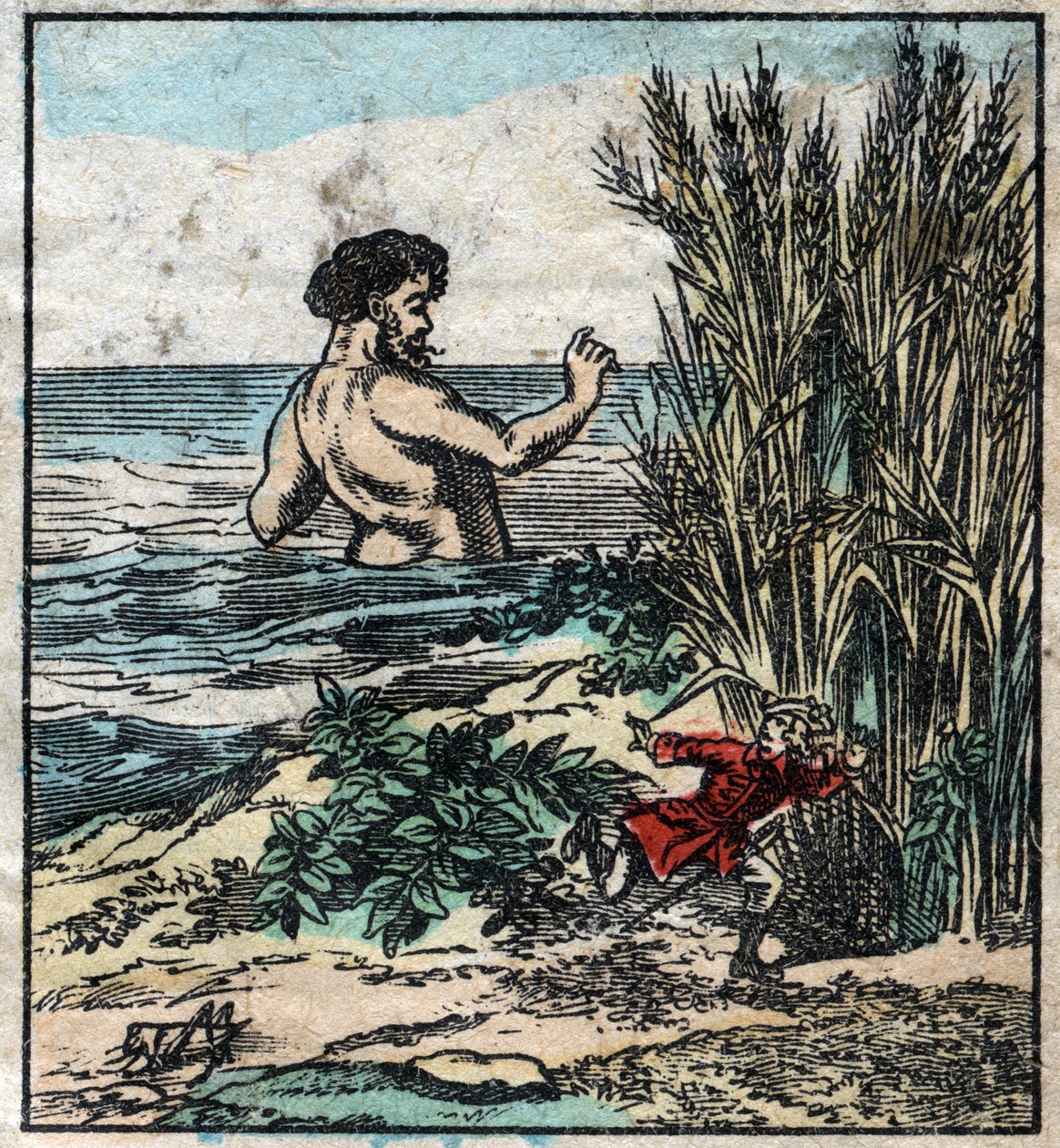 Lemuel Gulliver se skrývá před obrem v Brobdingnagu. Ilustrace pro „“ Gulliver