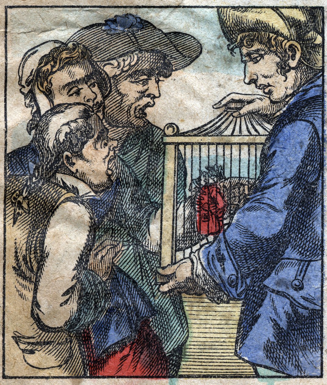Lemuel Gulliver je v kleci ukázán obrům z Brobdingnagu. Ilustrace pro „“ Gulliver