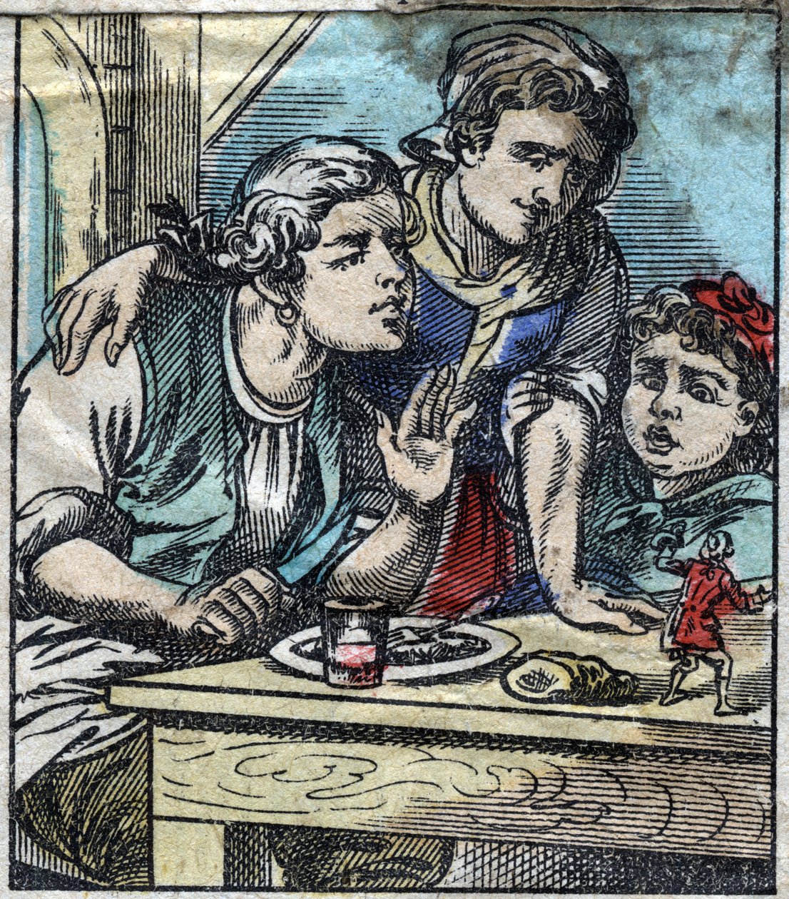 Lemuel Gulliver na stole rodiny Glumdalclitchů, v zemi obrů Brobdingnag. Ilustrace pro „“ Gulliver