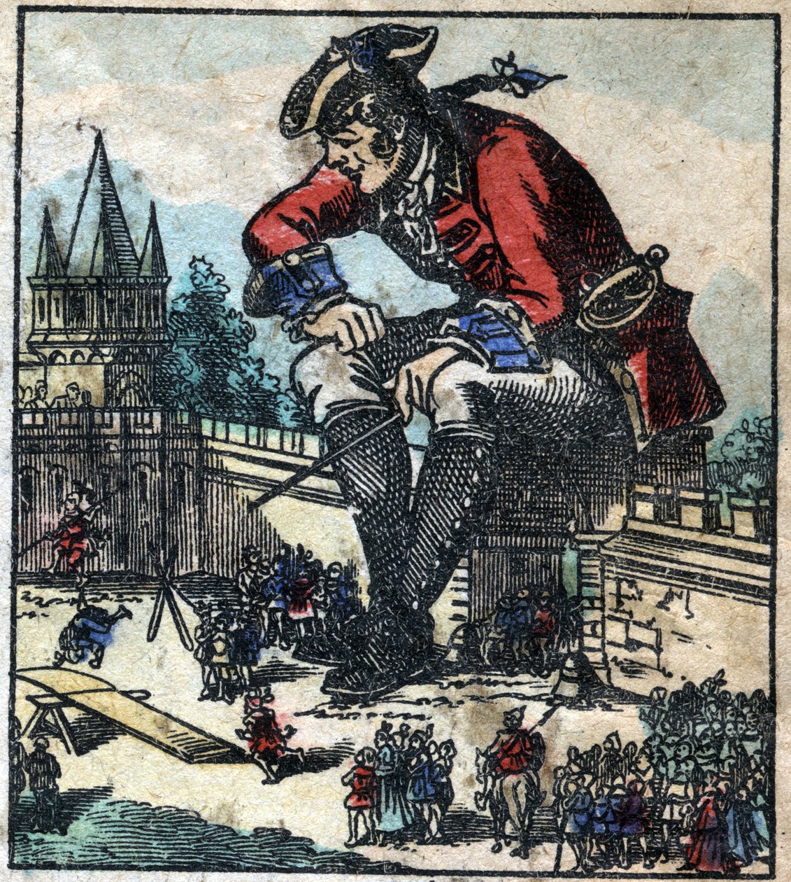 Lemuel Gulliver sedící na hradbě městského opevnění vysvětluje strategii liliputánské armádě. Ilustrace pro „“ Gulliver