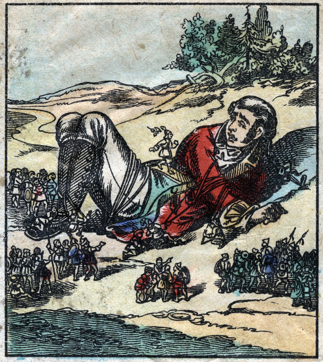 Lemuel Gulliver se po ztroskotání probudil a byl zajat liliputány. Ilustrace pro „“ Gulliver