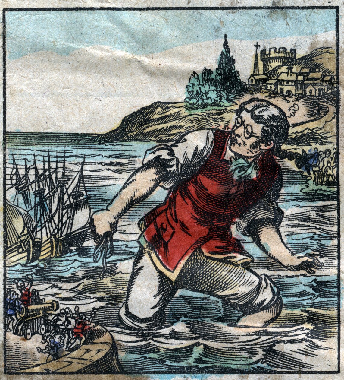 Lemuel Gullliver vypálil lodě Blefuscovy armády do hlavního přístavu Lilliput. Ilustrace pro „“ Gulliver