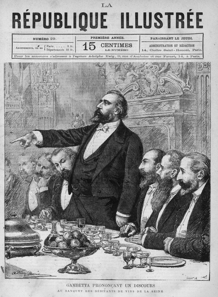 Leon Gambetta (1838-1882) s projevem na banketu debiterů vína ze Seiny. Noviny. Rytina z roku 1880 v soukromé sbírce „La republique illustree“. od French School