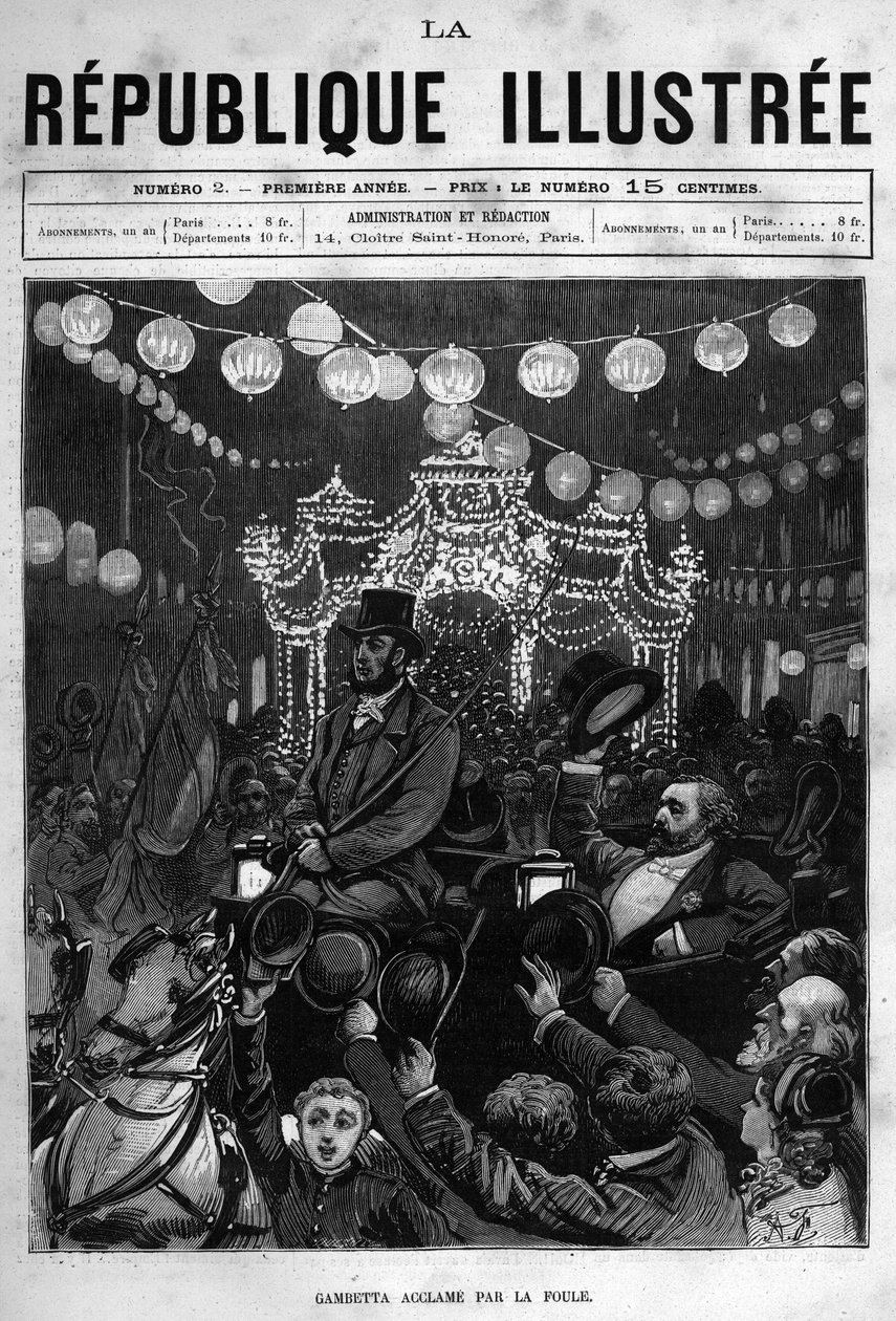 Leon Gambetta (1838-1882) vítá sochu na náměstí Place de la Republique v Paříži. Noviny. Rytina z roku 1880 v soukromé sbírce „La republique illustree“. od French School
