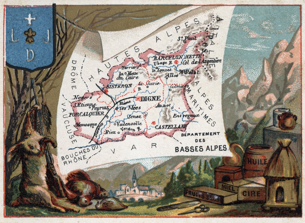 Les Basse Alpes (Basse-Alpes), dnešní departement Alpes-de-Haute-Provence (Alpes de Haute-Provence 04), Francie. Místní specialita: lov, vosk, med, sušené ovoce a olej. Seriál o francouzských departementech. Chromolitografie (Chromo) „“ zeměpisná poloha od French School