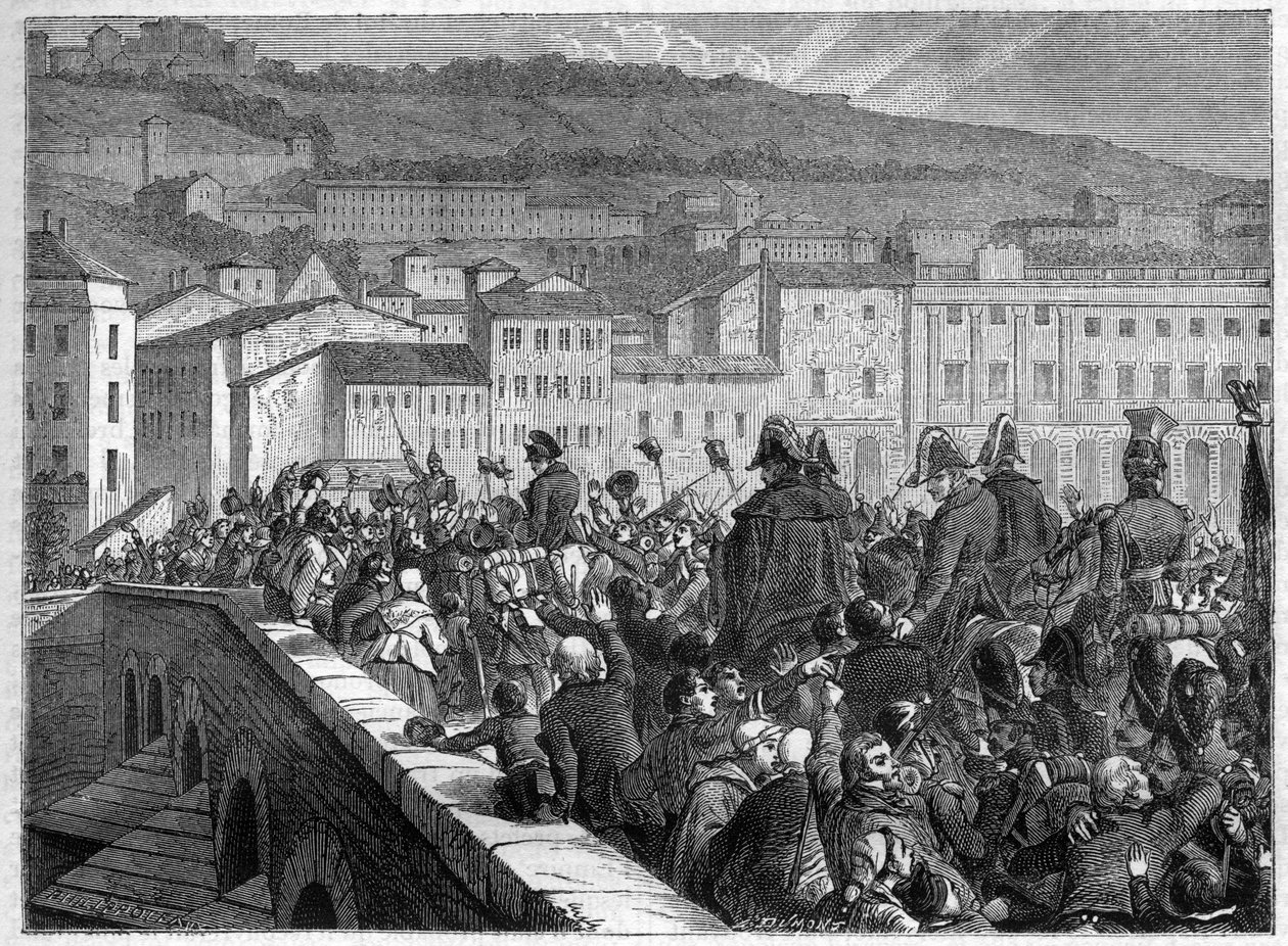 Sto dní: triumfální vjezd Napoleona do Lyonu 10. března 1815 – v „Dějinách impéria po historii konzulátu“ od Adolphe Thierse – 1879 – soukromá sbírka od French School