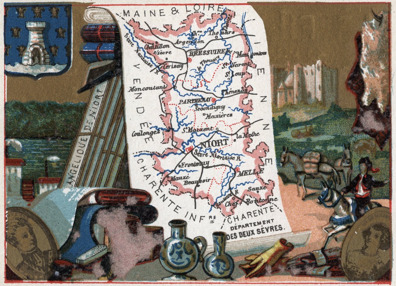 Les Deux Sevres (Deux-Sevres, 79), Poitou Charente (Poitou-Charente), Francie. Niort je andělský. Seriál o francouzských departementech. Chromolitografie (Chromo) „“zeměpisné vlákno“, kolem roku 1920. Soukromá sbírka. od French School