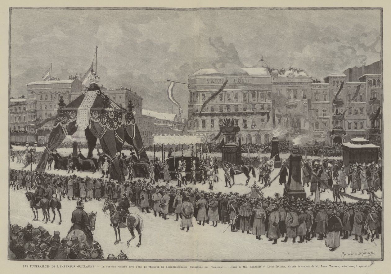 Pohřeb císaře Viléma, Korzár procházející pod triumfálním obloukem na Friedrichstrasse, Promenade des Tilleuls (rytina) od French School