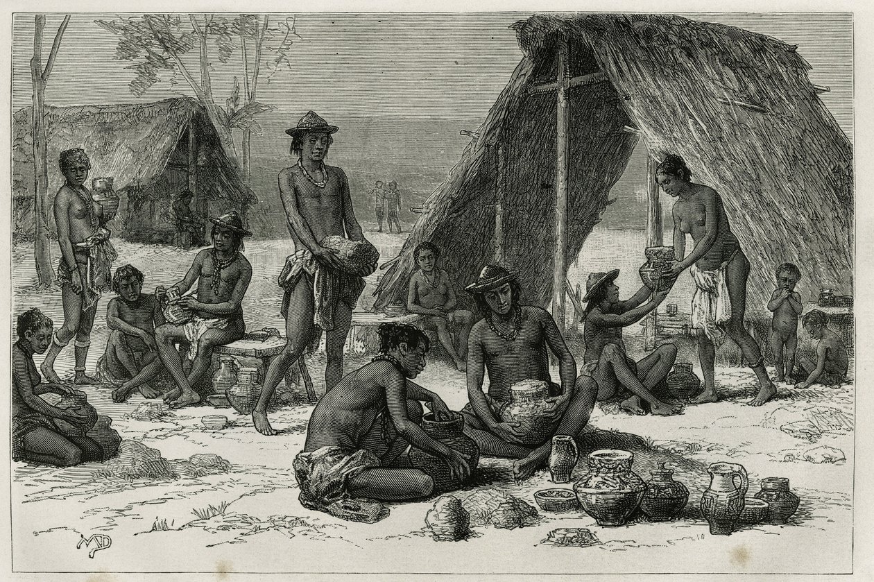 Les Indiens Galibis (neboli Kalinas) vyrábějící keramiku, rytina D. Maillarta, pro ilustraci průzkumné cesty ve vnitrozemí Guyany od Dr. Julese Crevauxe, doktora francouzského námořnictva, v letech 1876-1877, publikováno v tour du monde , pod vedením o od French School