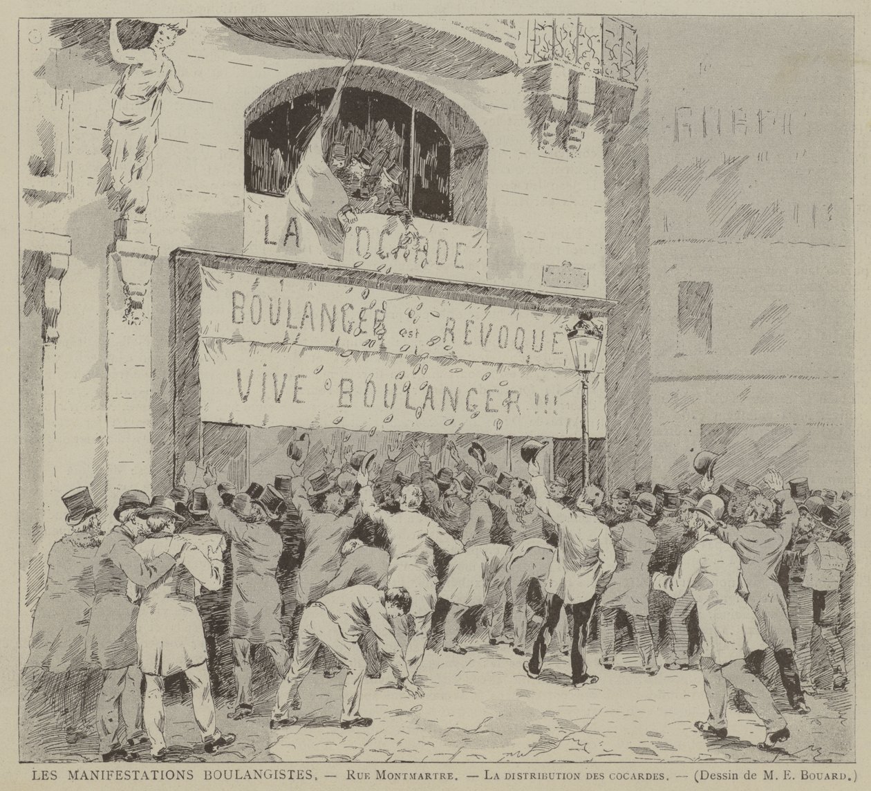 Les Manifestations Boulangistes, Rue Montmartre, La distribution des cocardes (rytina) od French School