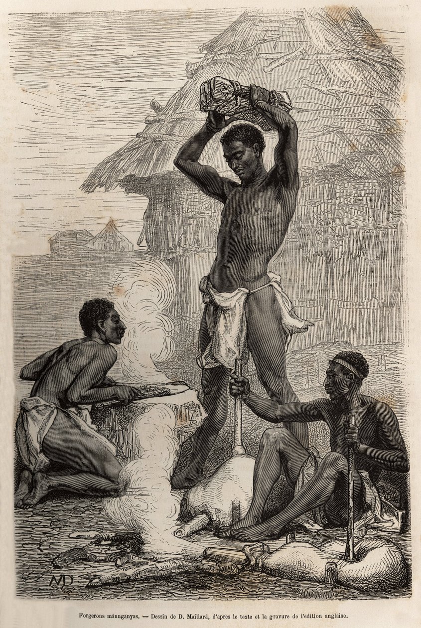 Les blacksmiths manganyas, ve vesnici podél řeky Loualaba (dnešní řeka Kongo), rytina podle kresby D. Maillarda, ilustrující poslední deník Davida Livingstonea (1813-1873), v letech 1866-1873, publikovaný v „“ Le tour du monde”” 1875, upravil od French School